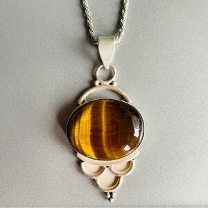 Vintage Tiger’s Eye Ornate Sterling Silver Pendant Necklace